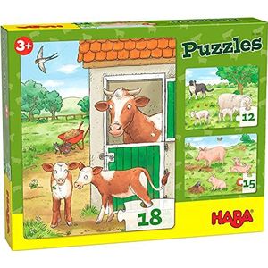 HABA 305884 Puzzles Farmyard Animals- 3 farm-themed puzzles- 45 pieces- for ages 3 and Up