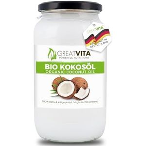 GreatVita Biologische kokosolie, inheems, 1000 ml in glas om te koken braden bakken
