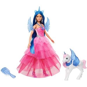 Barbie eenhoornpop, speciale pop voor Barbie's 65e verjaardag, met blauw haar, roze jurk en accessoires zoals saffierkleurige vleugels en een alicorn als huisdier, HRR16
