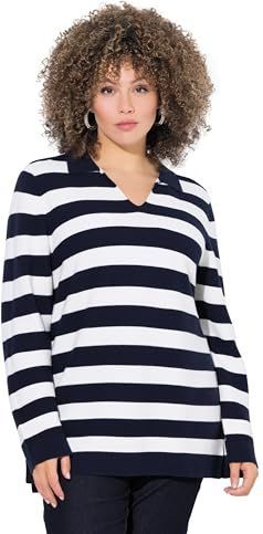 Ulla Popken - Trui - Marine/Wit - Gestreept - Lange Mouw