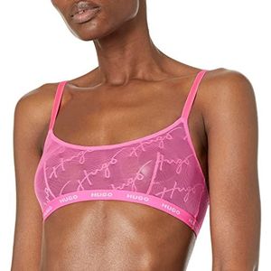 HUGO Womens Tonal Script Lace Bralette Bra, Sheer Magenta/Bright Magenta Script, Medium US