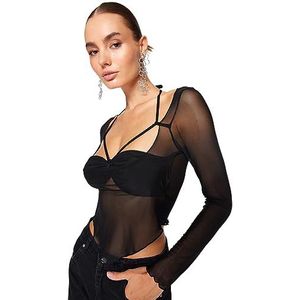 Trendyol Damesblouse met rechte lange mouwen, getailleerd, zwart, 34