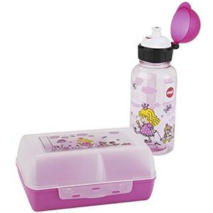 Emsa Kinderset met prinsessenmotief, drinkfles + broodtrommel, 400 ml lekvrije fles, blik met verschuifbare scheidingswand, roze, 518137, Princess