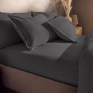 Silentnight Hoeslaken van gewassen katoenrijk - zacht, stijlvol linnenlook comfortabel onderlaken - diepe pasvorm met elastische hoeken - ademende stof, machinewasbaar, kingsize bedmatras, houtskool