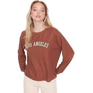 Trendyol Dames ronde hals met slogan getailleerd sweatshirt, bruin, XL, BRON, XL