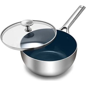 Blue Diamond Triple Steel Roestvrijstalen Keramische Anti-aanbak 20 cm/2,4l Chef Hapjespan met Deksel, PFAS-Vrij, RVS, Multi Clad, Inductie, Vaatwasserbestendig, Ovenbestendig, Zilver