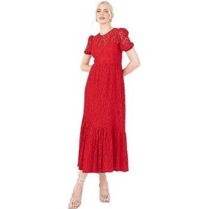 Lovedrobe Dames Midaxi Jurk Dames Rood Korte Mouw Ronde Hals Puff Lace Empire A-lijn Strik Open Rug voor Avond gelegenheid, Rood, 42