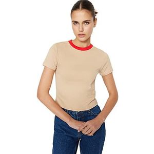 Trendyol Dames Slim Fit Basic Crew Neck Gebreid T-shirt, Beige, L