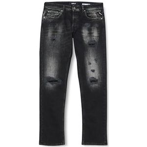 Replay Heren Straight Fit Jeans Grover Broken Edge Collectie, 099 Black Delavè, 33W / 32L