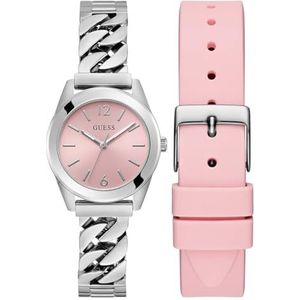 Zilveren Polshorloge - Roze Wijzerplaat - Gerecycled Staal - Kristallen Detail