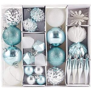 HEITMANN DECO Set van 29 kerstballen, assortiment, kerstversiering, turkoois, zilverwit, om op te hangen, kunststof, kerstboomversiering, turquoise, wit, zilver