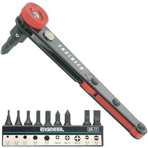 Compacte 90 graden haakse ratelschroevendraaier + diverse bits, past in beperkte en beperkte plaatsen. ENGINEER dr-06