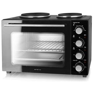 Emerio Multi oven met 2 kookplaten, 3200 watt, pizzaoven, campingkeuken, gelijktijdig koken en bakken, boven-/onderwarmte, thermostaat, 90°-230°C, binnenverlichting, BPA-vrij, MO-125236, zwart