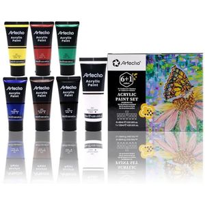 Artecho Professionele acrylverf set 6 x 60 ml & 1 x 120 ml titanium witte tube, waterdicht en lichtecht, sneldrogend, ideaal voor canvas, papier en stoffen.