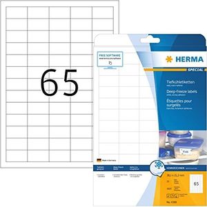 HERMA 4388 Self Adhesive Deep Freeze Labels, 65 Labels Per A4 Sheet, 1625 Labels For Laser And Inkjet Printers, 38.1 x 21.2 mm,Wit