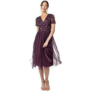 Maya Deluxe Dames Verfraaide Midi Avondjurk Dames V-hals met Korte Mouw voor Prom Bruiloft Bruidsmeisje, Bessen, 32