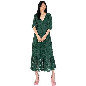 Maya Deluxe Midaxi-jurk voor dames, V-hals, pofmouwen, kant, A-lijn, voor bruiloft, gast, bruidsmeisje, cocktail, bal, avondgelegenheid, Emerald Groen, 32