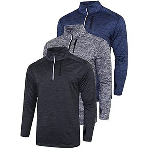 Liberty Imports 3 stuks Performance Quarter Zip Pullovers voor heren met zakken, sneldrogende actieve shirts met lange mouwen, Zwart/Grijs/Navy, L