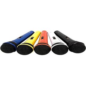 5-delige set unidirectionele soundmicrofoons in goede kwaliteit in zwart, rood, blauw, geel en wit met 5 XLR-kabels van 3 meter. Ideaal voor vrienden, karaoke, feestjes, audio-opnamen en spectaculair.