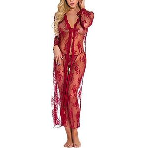 Sykooria Sexy nachtkleding voor dames, lange mouwen, kanten afdekking, ups, kimono, robe, nachthemd, lingerieset, Rode Wijn, S