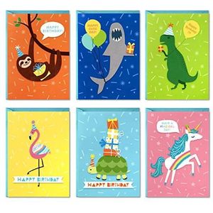 Hallmark Verjaardagskaarten voor kinderen, assortiment, 48 kaarten met enveloppen (dinosaurussen, luiaards, eenhoorns, flamingo's, schildpadden, haaien)