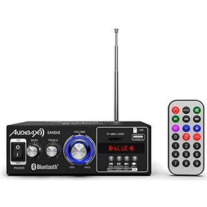 Audibax Kansas HiFi-audio-versterker, bluetooth-verbinding, 40 W + 40 W, ingangen voor microfoons, SD en USB, stereo-hifi-versterker met MP3-speler en FM-radio
