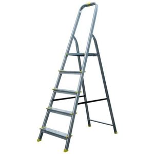 Bayersystem BS-DA5-H Trapladder met 5 treden, aluminium ladder, tot 150 kg, max. werkhoogte 2,99 m, vouwladder met leuning, anti-slip voeten, vouwladder voor huishouden, incl. emmerhaak, zilver/geel