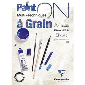 Clairefontaine - Ref 975051C - Paint'ON Multi-Technique Papier met Graan Gelijmd Pad (20 Vellen) - A2-formaat, 250 g/m² zwaargewicht papier, extra wit zuurvrij, pH-neutraal