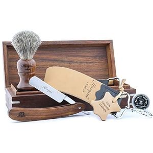 Haryali London 5-delige duurzame scheerset - scheermes - Super dashaar scheerkwast - aftrekleer - polijstpasta trekker - houten box scheerset