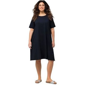 Ulla Popken, Grote maten, jerseyjurk, A-lijn, ronde hals, halflange mouwen, zakken, blauw, 42/44 NL