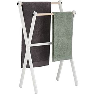 Relaxdays handdoekrek staand, inklapbaar, 2 stangen, H x B x D 88 x 56 x 33,5 cm, staal & hout, badkamer, wit/natuur