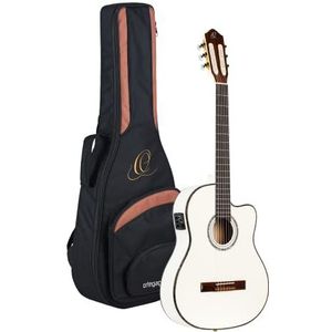 Ortega Guitars RCE145WH Concertgitaar in maat 4/4, elektrifisch, Thinline corpus slank 48 mm hals wit massieve plafond hoogglans afwerking met hoogwaardige gigbag en riem