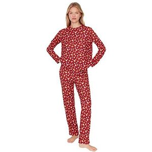 Trendyol Dames Patroon Midden Gebreide T-shirt-Broek Pyjama Set, Bourgondy, XL