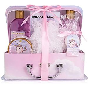 accentra Bad- en doucheset Unicorn Magic voor jongeren en meisjes, met zoete aardbeien en vanillegeur, 7-delige cadeauset verpakt in een papieren koffer