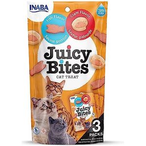 INABA Juicy Bites Kattentraktaties, snackzakken met sappige kern in grappige vormen, mondvriendelijke kattensnacks in 2 smaken, kip en tonijn, verpakking van 3 x 11 g