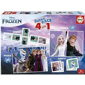 Educa - Superpack Frozen, bordspellen voor kinderen zoals Domino, Identic en 2 puzzels met 25 en 50 delen, meerdere speelmogelijkheden om alleen of in begeleiding te spelen, vanaf 3 jaar (19737)