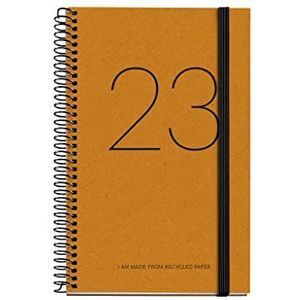 Miquelrius - MR38504 Jaarplanner 2023, gerecycled, dagweergave, actieve grootte, 117 x 182 mm, omslag van gerecycled karton, spiraalbinding, Spaans, Engels en Portugees, geel,