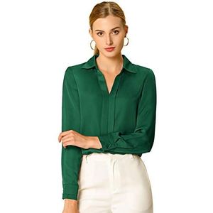 Allegra K Satijnen blouse voor dames, elegante V-hals, lange mouwen, zijdeachtig voor kantoor, werk, groen, M