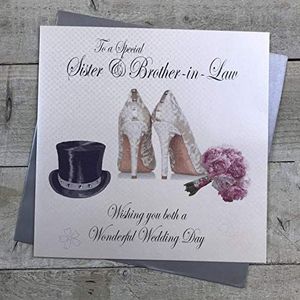 witte katoenen kaarten Aan een Speciale Zuster & Broer-in-Law Wishing You Both a Wonderful Day, Handgemaakte Grote Bruiloft Kaart (Hat, Schoenen & Boeket)