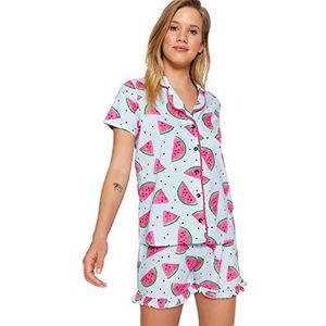 Trendyol Dames effen middelste gebreide shirt-korte pyjama set, lichtblauw, L, Lichtblauw, L