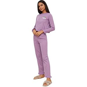 TRENDYOL Gebreide pyjama-set voor dames, bedrukt, lila, XXL