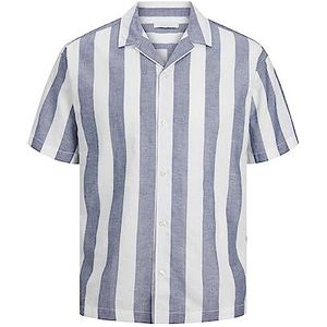 Bestseller AS Heren JPRSUMMER Linen Stripe Shirt S/S LN hemd, Navy Blazer/Stripes: relaxed fit, S, Navy Blazer/Stripes: relaxed fit, S