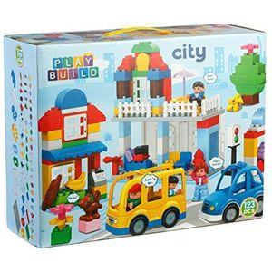 Play Build City Building Block Set - 123 stuks - Inclusief supermarkt, kassa, huis, auto, mini-figuren en meer - Compatibel met LEGO DUPLO (dit merk is niet geassocieerd met Lego Duplo)