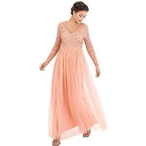 Maya Deluxe Dames Dames Jurk Mouw voor Bruiloft Gast V-hals Hoge Empire Taille Maxi Lange Lengte Avond Bruidsmeisje Prom, Abrikoos, 52