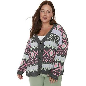 Trendyol Dames V-hals geometrisch patroon Regular Plus Size Cardigan Sweater, antraciet, 4XL, Antraciet, 4XL