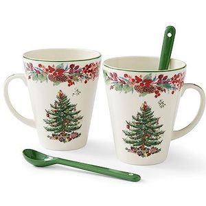 Spode Kerstboom 2023 Jaarlijkse 4-delige mok en lepelset | Kerstmokken - Magnetron & Vaatwasmachinebestendig | Leuke koffiemokken | Porseleinen koffiekop & lepel | 13oz koffiemok