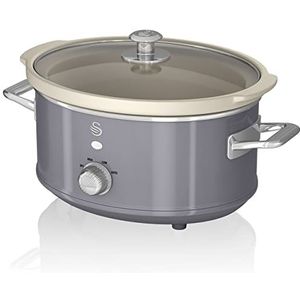 Swan Retro SF17021GRNENEW kookpan, 3,5 l, afneembare container, anti-aanbaklaag, PFOA en PTFE-vrij, 3 temperatuurniveaus, glazen deksel, slow cooker, vintage design, grijs, 200 W