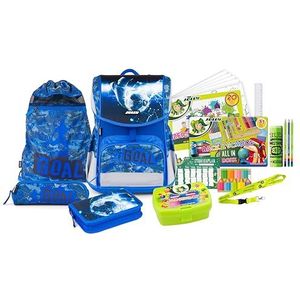 JOLLY Schooltassenset – Ergonomic Flexi, 46-delig, incl. gymtas, schudpennal en pennal, in hoogte verstelbare rug met push-systeem, aanpasbaar aan kindermaat, blauw