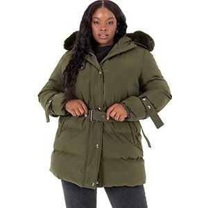Lovedrobe Damesjas voor dames, grote maten, gewatteerd met ritszak, waterdichte capuchon, riem, imitatiebont, mini-lengte, warme jas, Kaki, 50