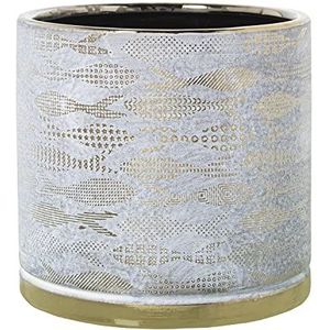 DRW Ronde keramische bloempot met vissen in wit en goud, 18 x 18 cm